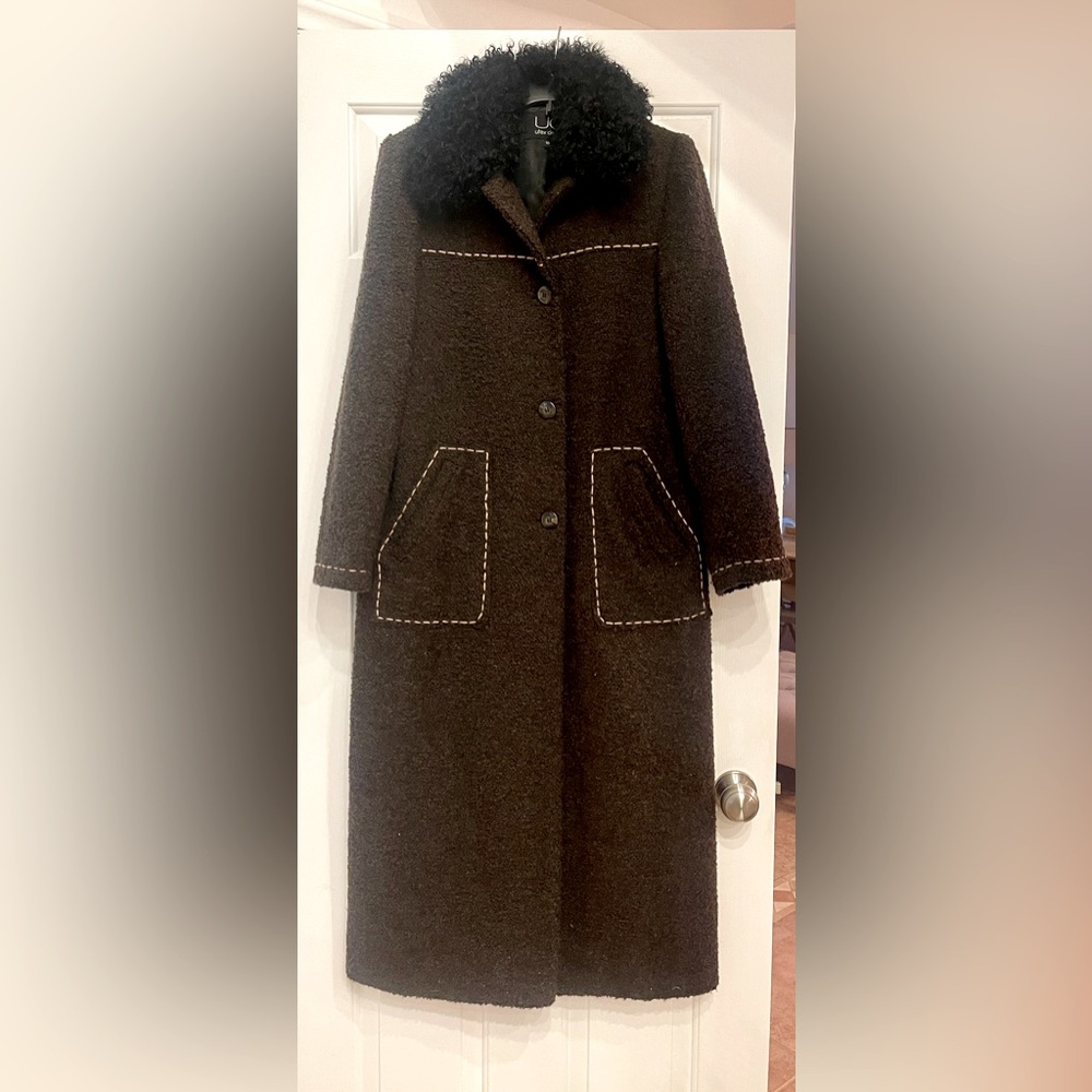 Utex Long Boucle Wool Blend Coat w/design stitching and removable black collar.